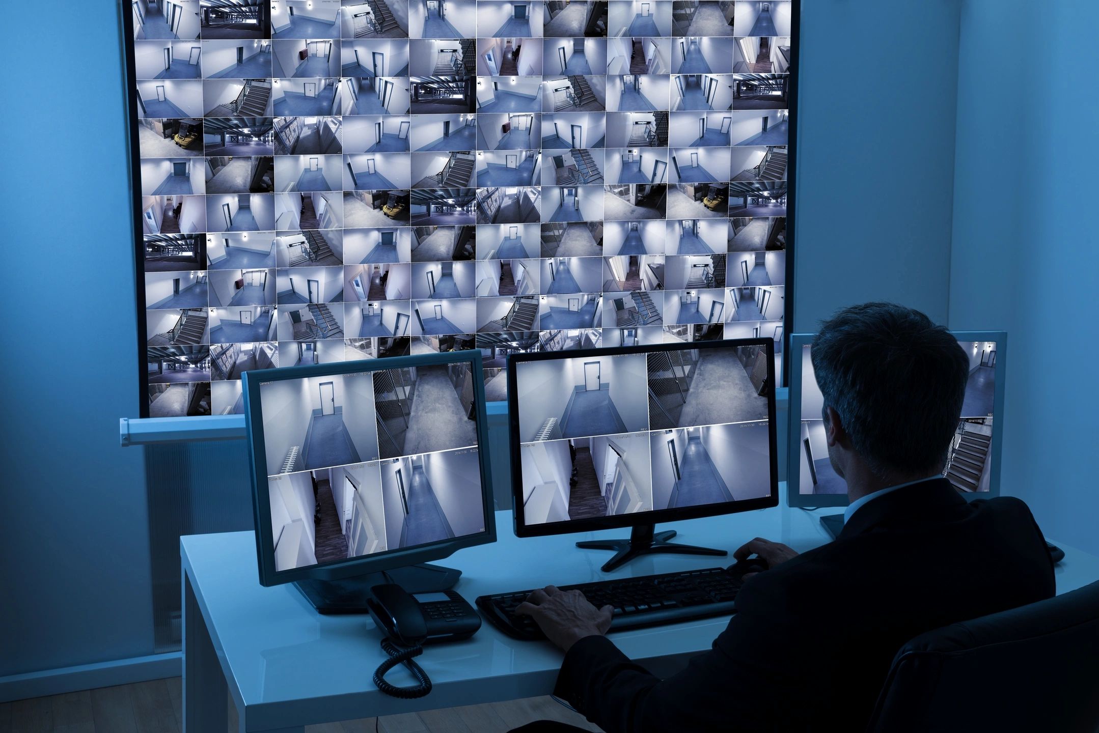 Security monitoring station with multiple CCTV screens